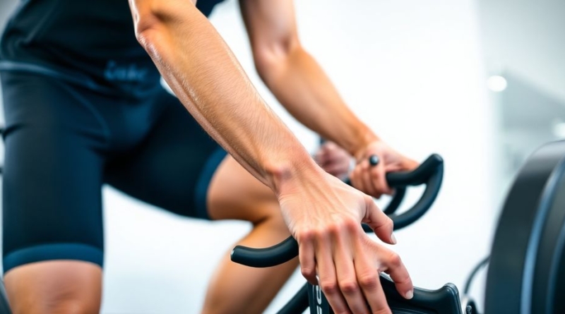 Cyclist trains legs with weights.