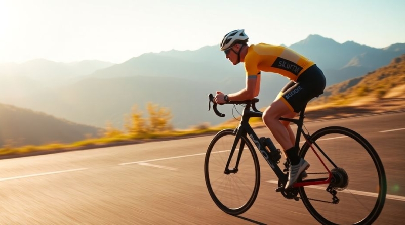 Cyclist speeding uphill on a scenic road.