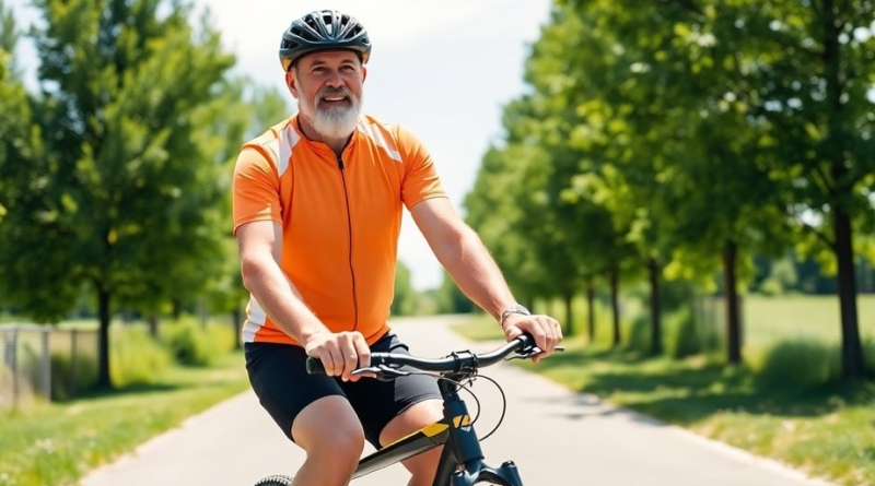 Senior cyclist smiling while riding outdoors.