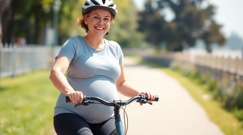 Pregnant woman riding a bicycle with a helmet.