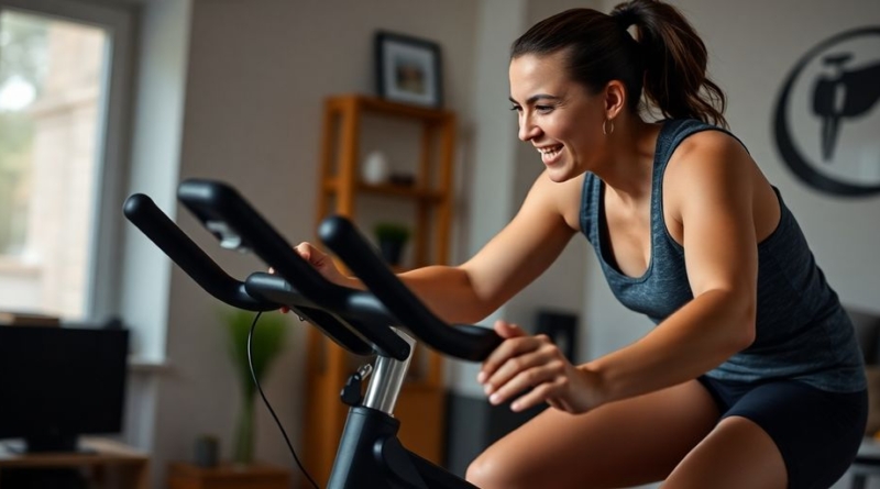 Person cycling indoors on a stationary bike.
