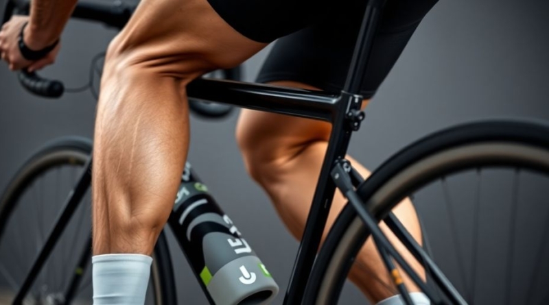 Muscular calf flexing during cycling motion.