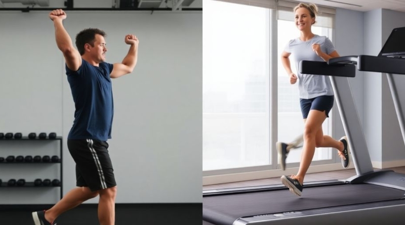 Person lifting weights and then running on a treadmill.