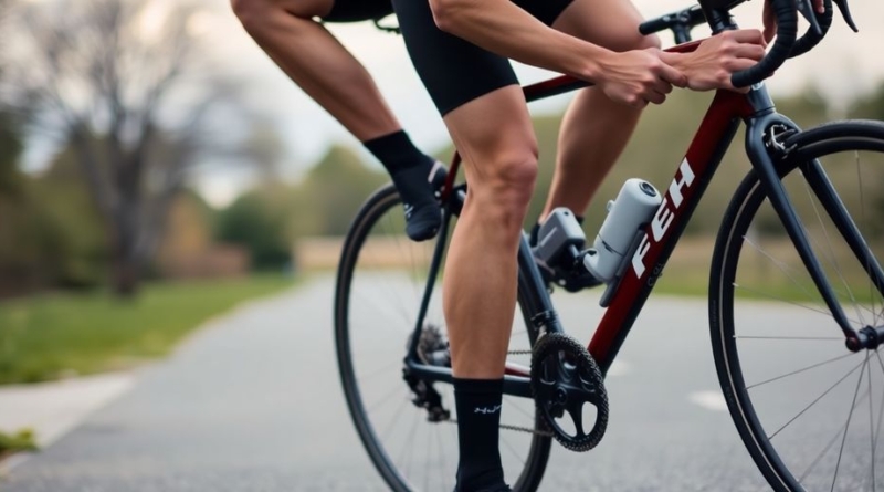Cyclist stretching legs outdoors post-ride.
