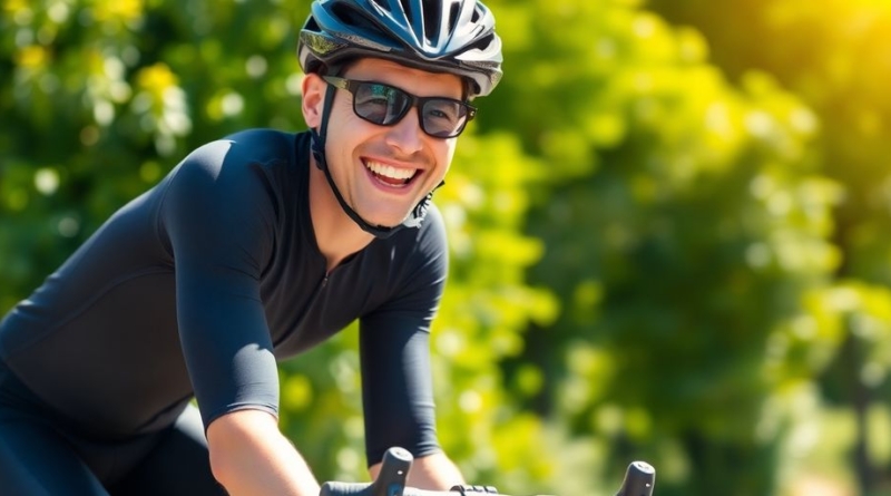 Beginner cyclist smiling on a road bike outdoors.