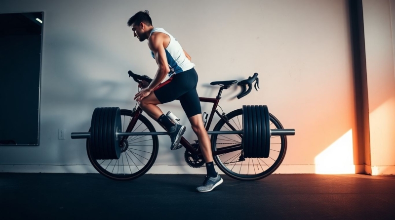 Cyclist deadlifting barbell in gym with bike in background nearby.